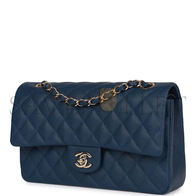 CHANEL MASTER MEDIUM CLASSIC DOUBLE FLAP BAG BLUE CAVIAR LIGHT GOLD HARDWARE (25.5*15.5*6.5cm)